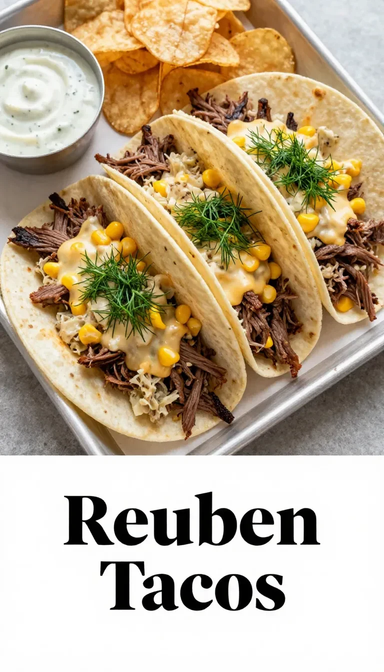 A delicious plate of Reuben tacos filled with corned beef, sauerkraut, and Swiss cheese.