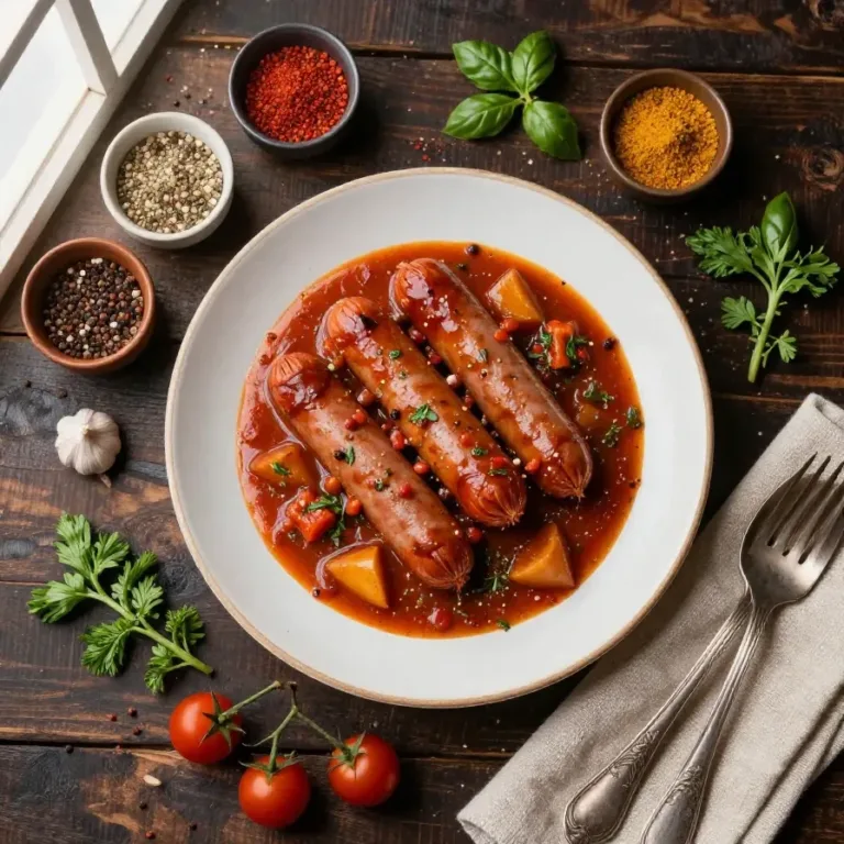 A bowl of creepy sausage stew featuring hot dog fingers arranged to resemble severed human fingers.