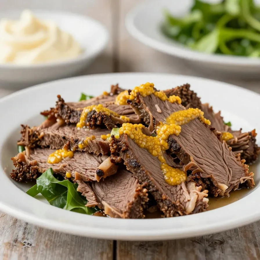A delicious slow cooker corned beef dish garnished with herbs and spices