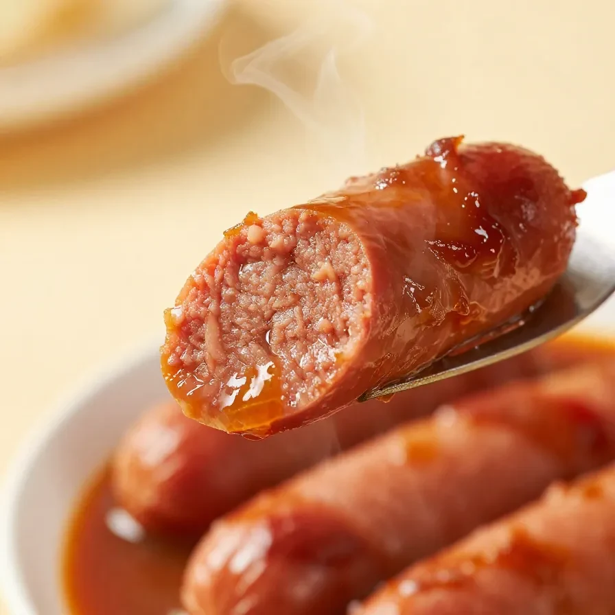 A bowl of creepy sausage stew featuring hot dog fingers arranged to resemble severed human fingers.