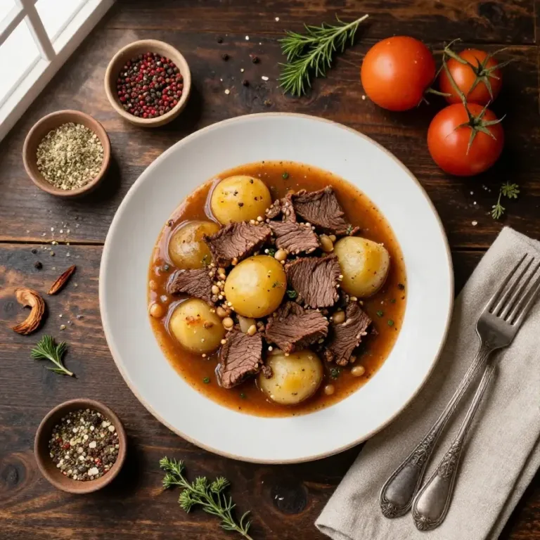 A bowl of corned beef and potato stew garnished with fresh parsley.