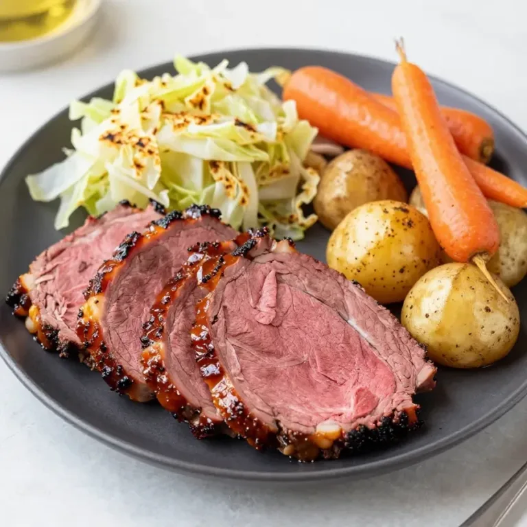 A delicious honey mustard glazed corned beef served on a plate with vegetables