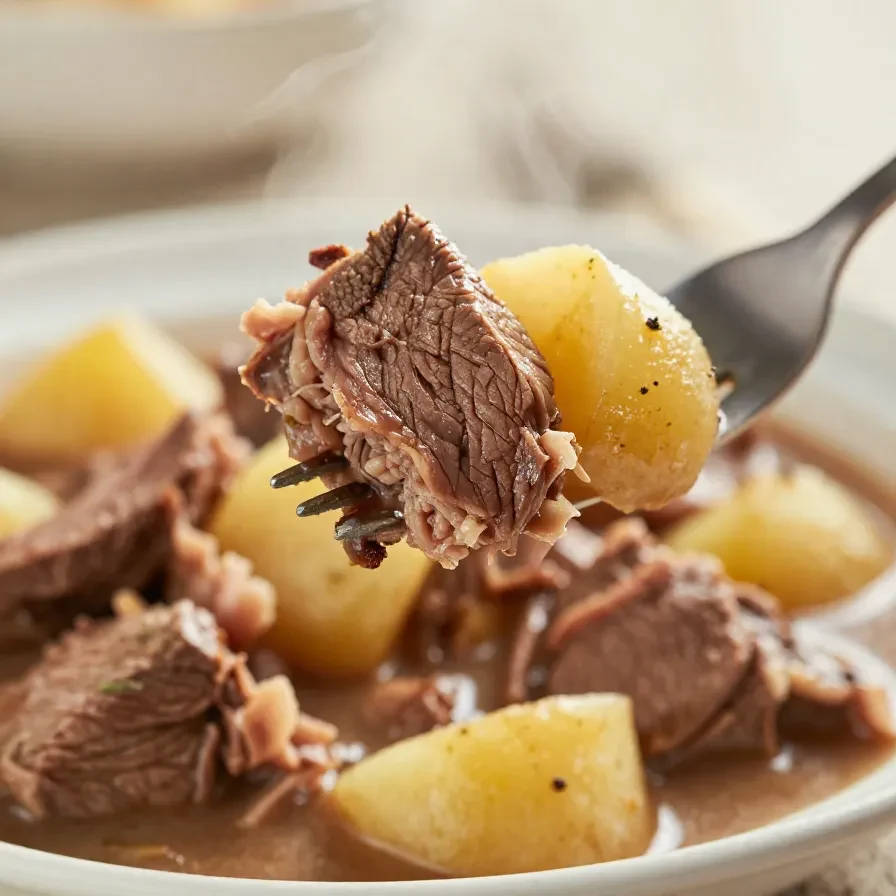 A bowl of corned beef and potato stew garnished with fresh parsley.