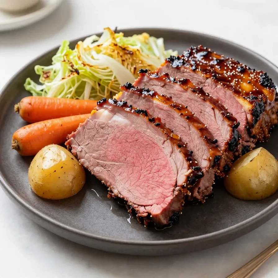 A delicious honey mustard glazed corned beef served on a plate with vegetables