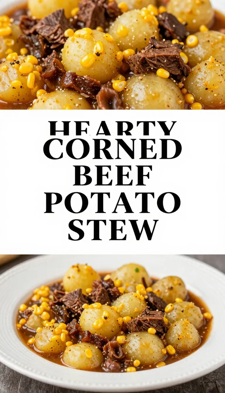 A bowl of corned beef and potato stew garnished with fresh parsley.