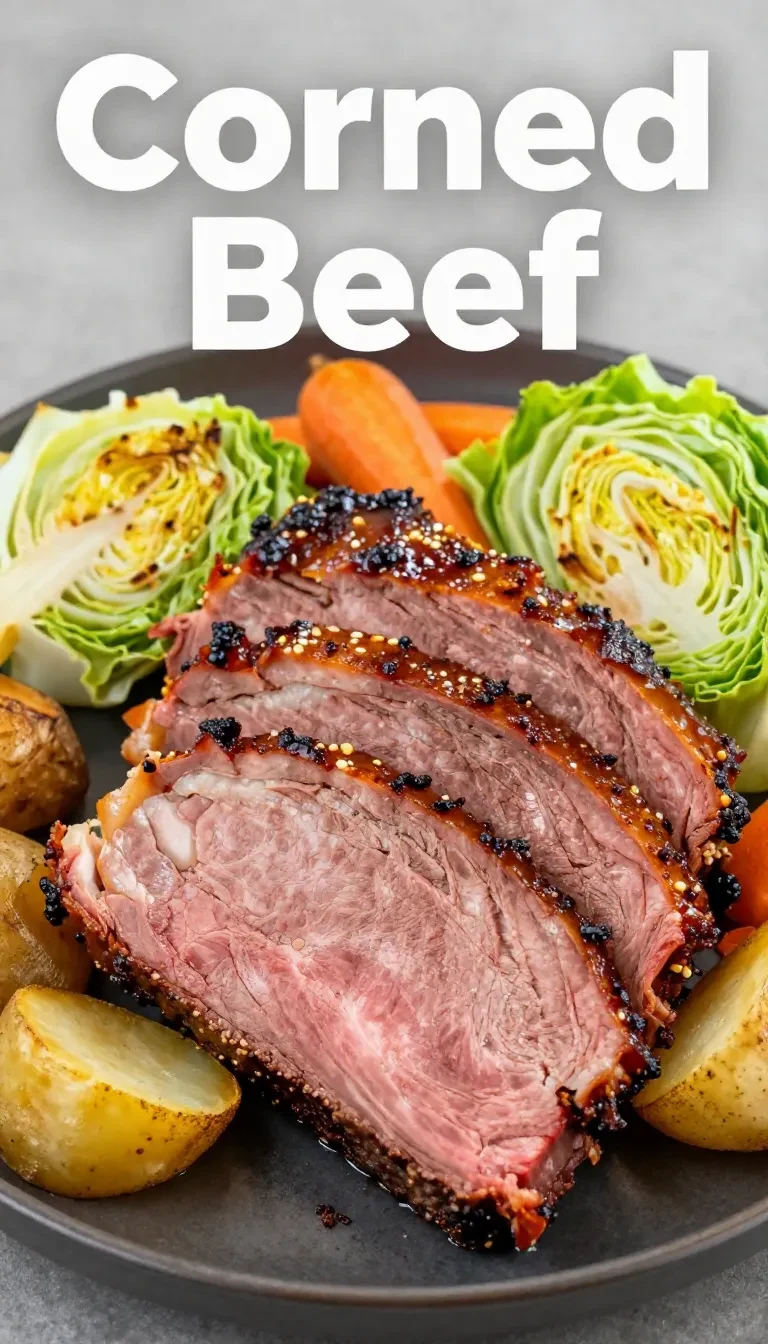 A delicious honey mustard glazed corned beef served on a plate with vegetables