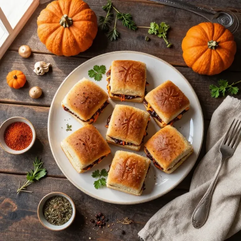 A plate of Halloween-themed sliders with spooky decorations in the background.