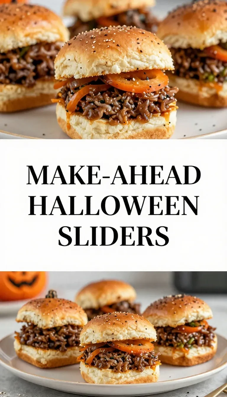 A plate of Halloween-themed sliders with spooky decorations in the background.