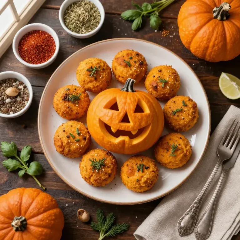 A platter of baked Jack-O’-Lantern bites shaped like mini pumpkins, garnished with herbs.