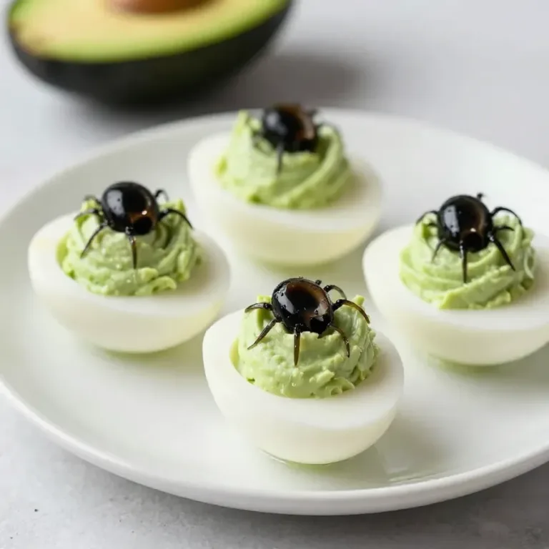 A plate of Halloween-themed deviled eggs topped with black olive spiders.