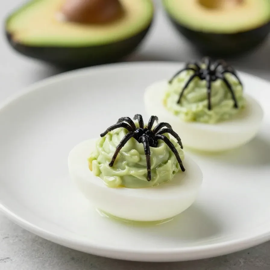 A plate of Halloween-themed deviled eggs topped with black olive spiders.