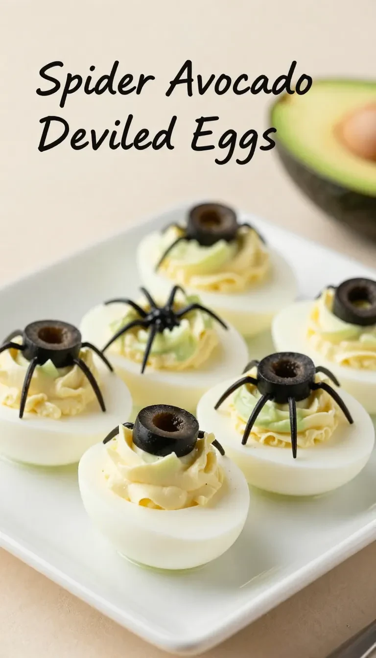 A plate of Halloween-themed deviled eggs topped with black olive spiders.
