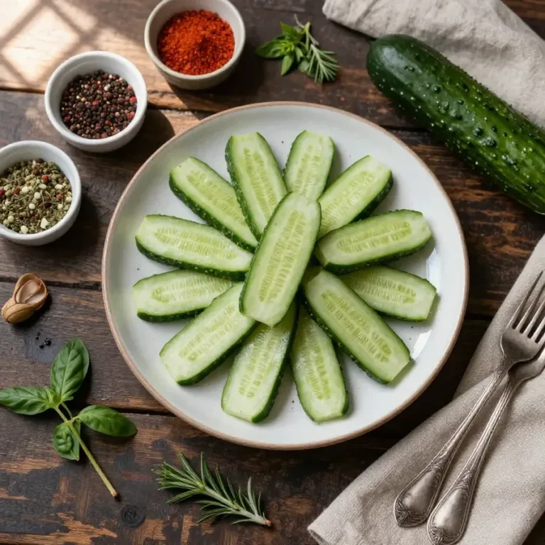 A variety of cucumber snacks arranged on a plate, showcasing both cool and creepy designs.