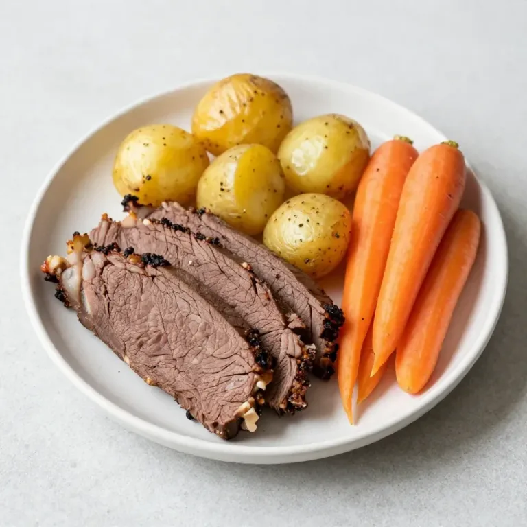 A plate of sweet and spicy crockpot corned beef slices served with vegetables.