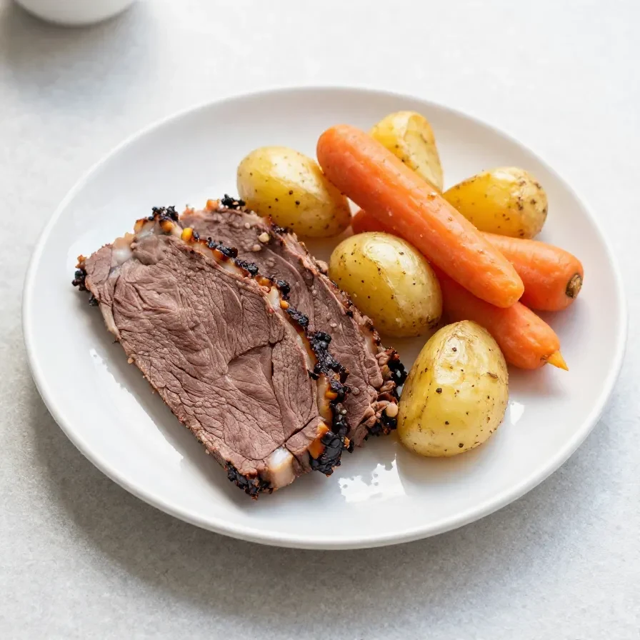 A plate of sweet and spicy crockpot corned beef slices served with vegetables.