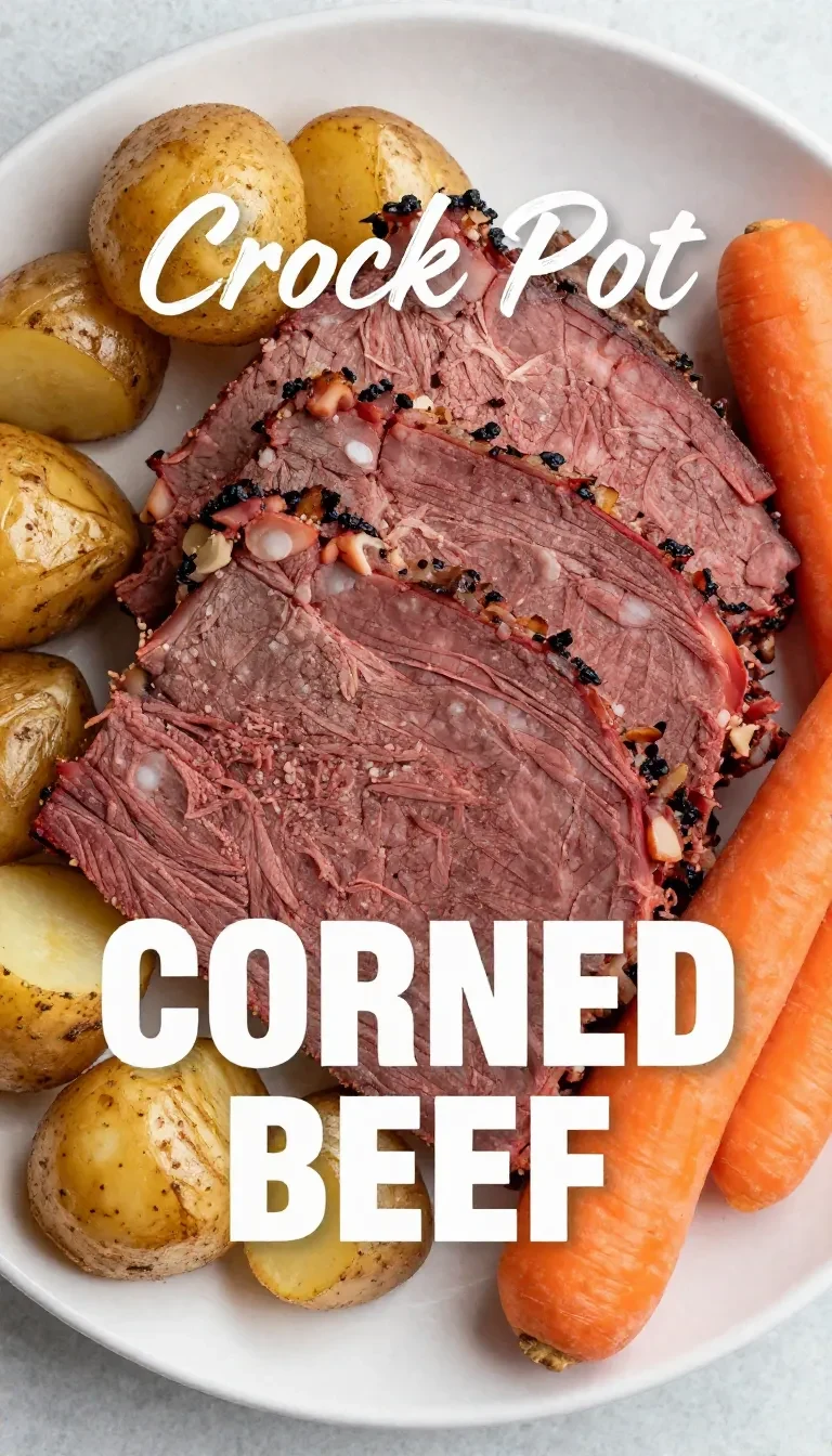 A plate of sweet and spicy crockpot corned beef slices served with vegetables.
