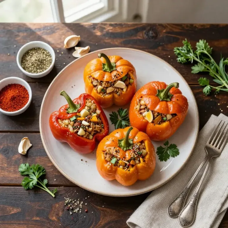Colorful Jack-O’-Lantern stuffed peppers arranged on a wooden table