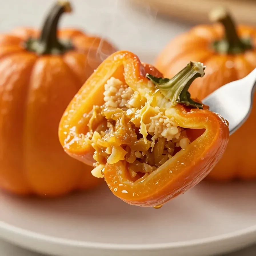 Colorful Jack-O’-Lantern stuffed peppers arranged on a wooden table