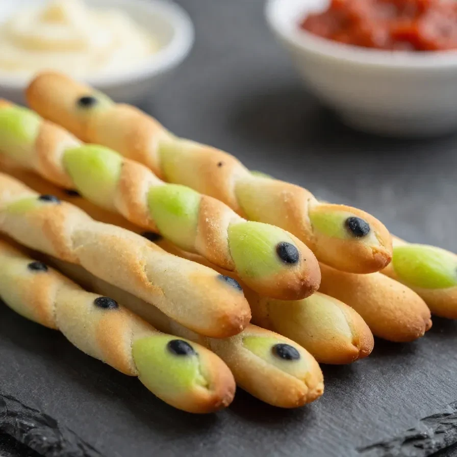 A plate of slithery snake-shaped breadsticks decorated with eyes and scales
