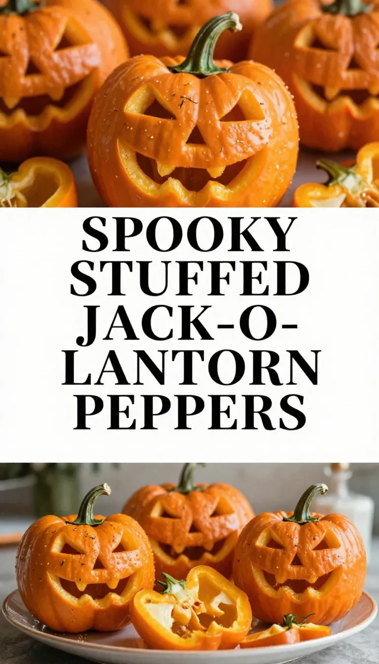 Colorful Jack-O’-Lantern stuffed peppers arranged on a wooden table