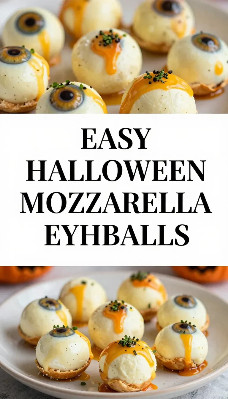 Close-up of no-cook mozzarella balls styled as spooky eyeballs on a plate.