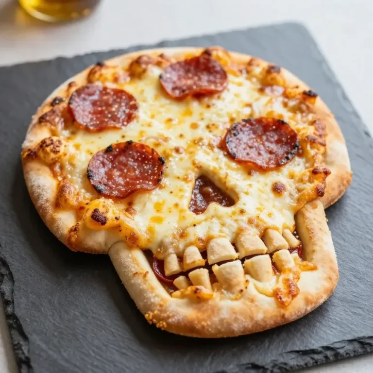 A spooky Halloween-themed pizza decorated with creepy toppings like olive spiders and pepperoni jack-o'-lanterns.