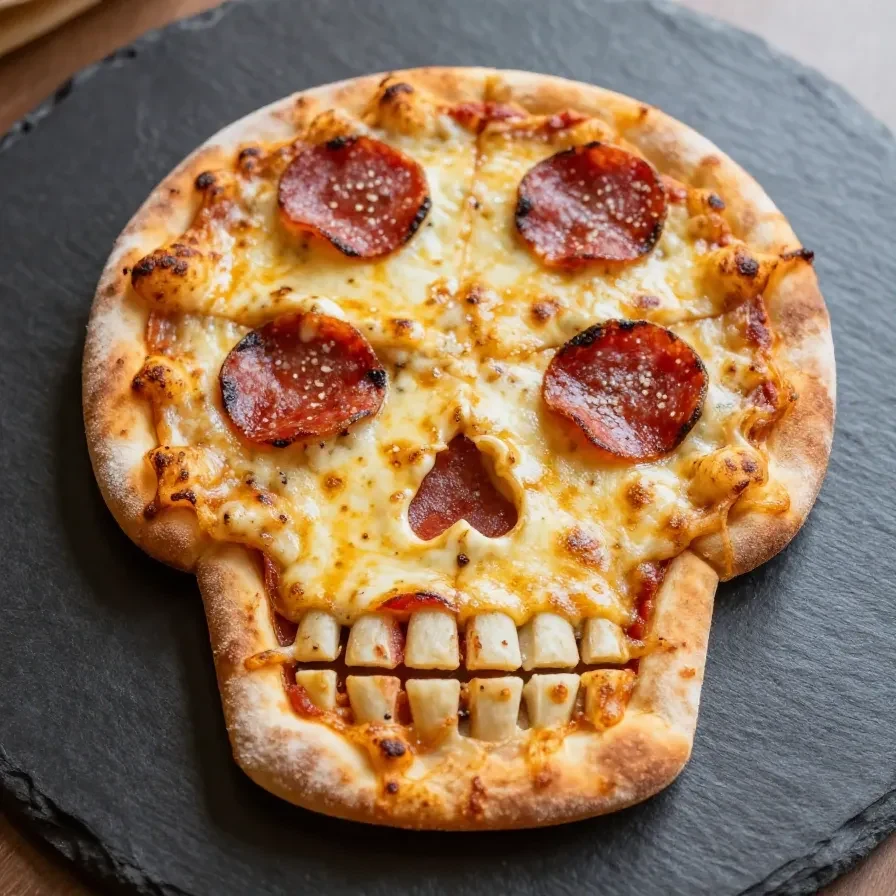 A spooky Halloween-themed pizza decorated with creepy toppings like olive spiders and pepperoni jack-o'-lanterns.