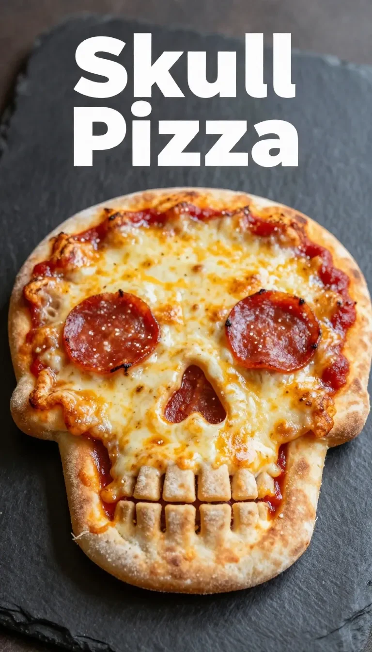 A spooky Halloween-themed pizza decorated with creepy toppings like olive spiders and pepperoni jack-o'-lanterns.