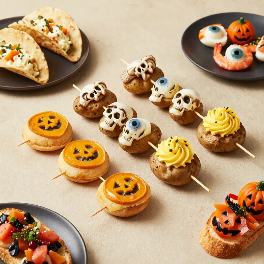 A spooky platter of creepy Halloween appetizers including spider-shaped cheese balls and ghostly deviled eggs