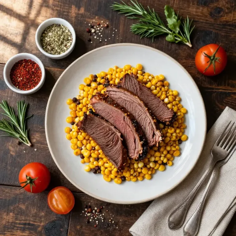 A delicious slow cooker dish of maple glazed corned beef served with vegetables