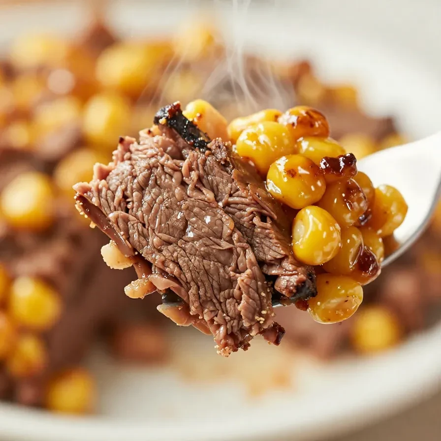A delicious slow cooker dish of maple glazed corned beef served with vegetables