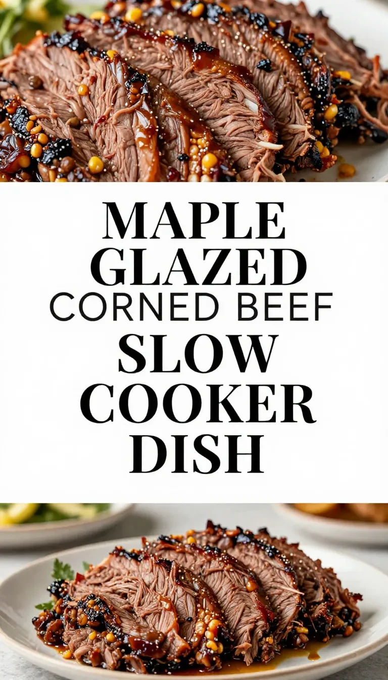 A delicious slow cooker dish of maple glazed corned beef served with vegetables