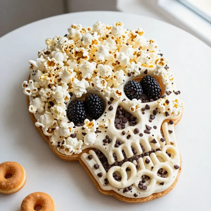 A creatively arranged skull-shaped snack board featuring assorted cheeses, fruits, and nuts.