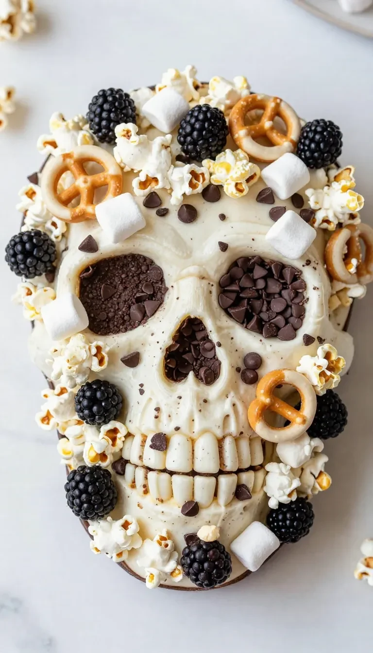 A creatively arranged skull-shaped snack board featuring assorted cheeses, fruits, and nuts.