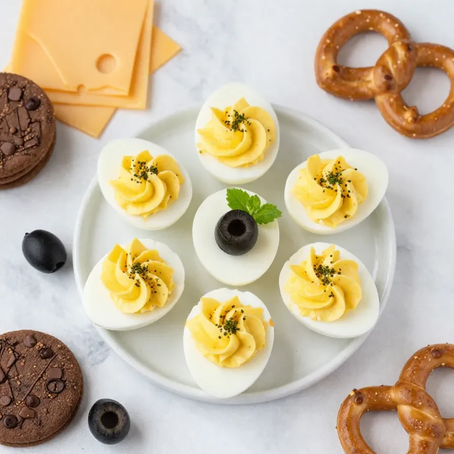 A spooky platter of Halloween-themed finger foods including severed finger hot dogs and creepy eyeball cupcakes.