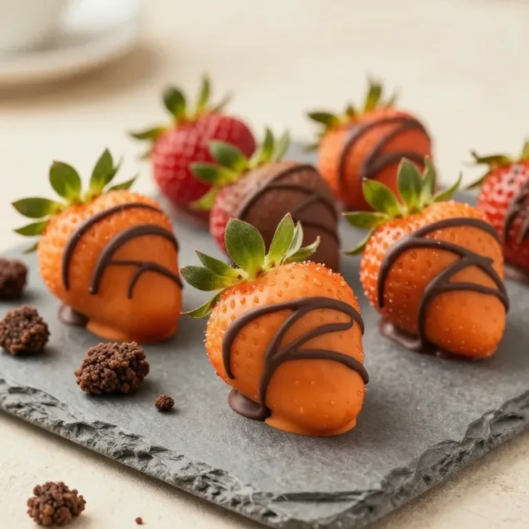 Close-up of pumpkin-shaped chocolate-covered strawberries arranged on a white plate.