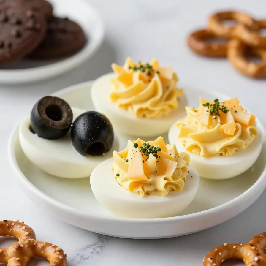 A spooky platter of Halloween-themed finger foods including severed finger hot dogs and creepy eyeball cupcakes.