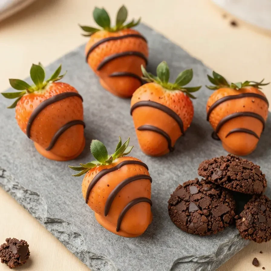 Close-up of pumpkin-shaped chocolate-covered strawberries arranged on a white plate.
