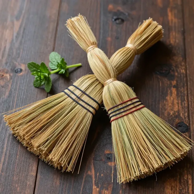 A collection of traditional witch brooms leaning against a rustic wooden wall.