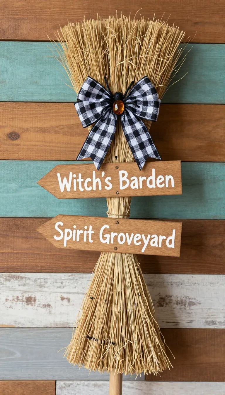 A collection of traditional witch brooms leaning against a rustic wooden wall.