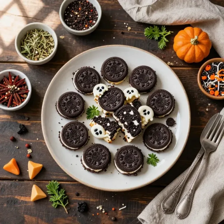 A close-up of spooky Halloween Oreo bark with orange and black sprinkles on top