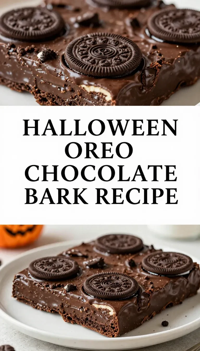 A close-up of spooky Halloween Oreo bark with orange and black sprinkles on top