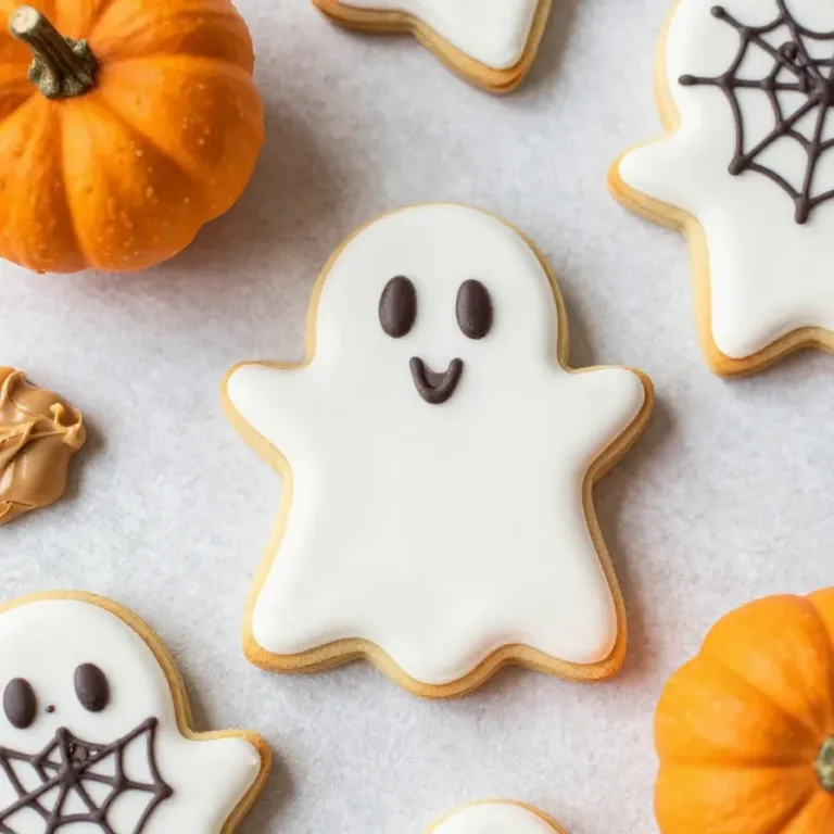 A plate of Nutter Butter cookies shaped like ghosts, decorated with white chocolate and chocolate chip eyes.