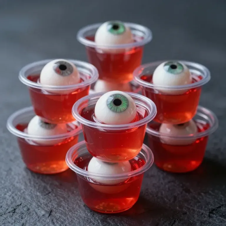 A close-up of a spooky Bloody Eyeball Jello Cup with a gelatin eyeball floating in red jello.