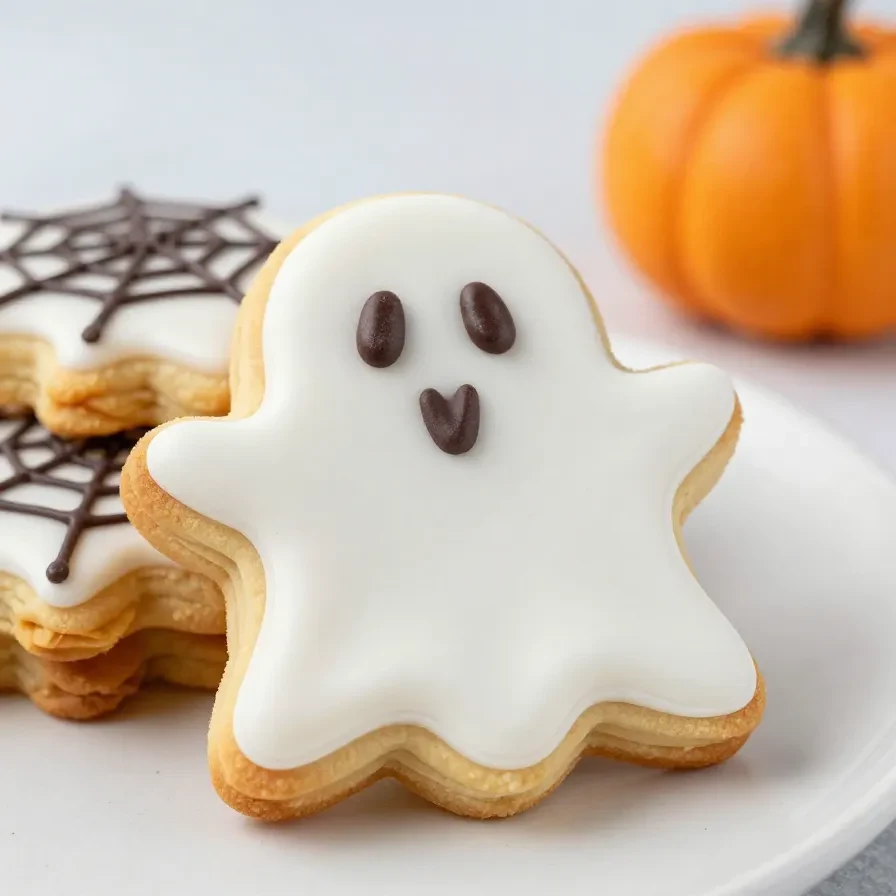 A plate of Nutter Butter cookies shaped like ghosts, decorated with white chocolate and chocolate chip eyes.