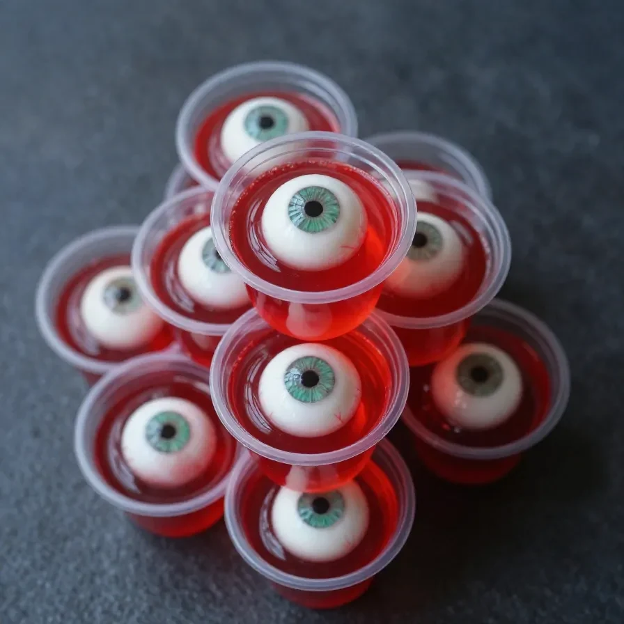 A close-up of a spooky Bloody Eyeball Jello Cup with a gelatin eyeball floating in red jello.