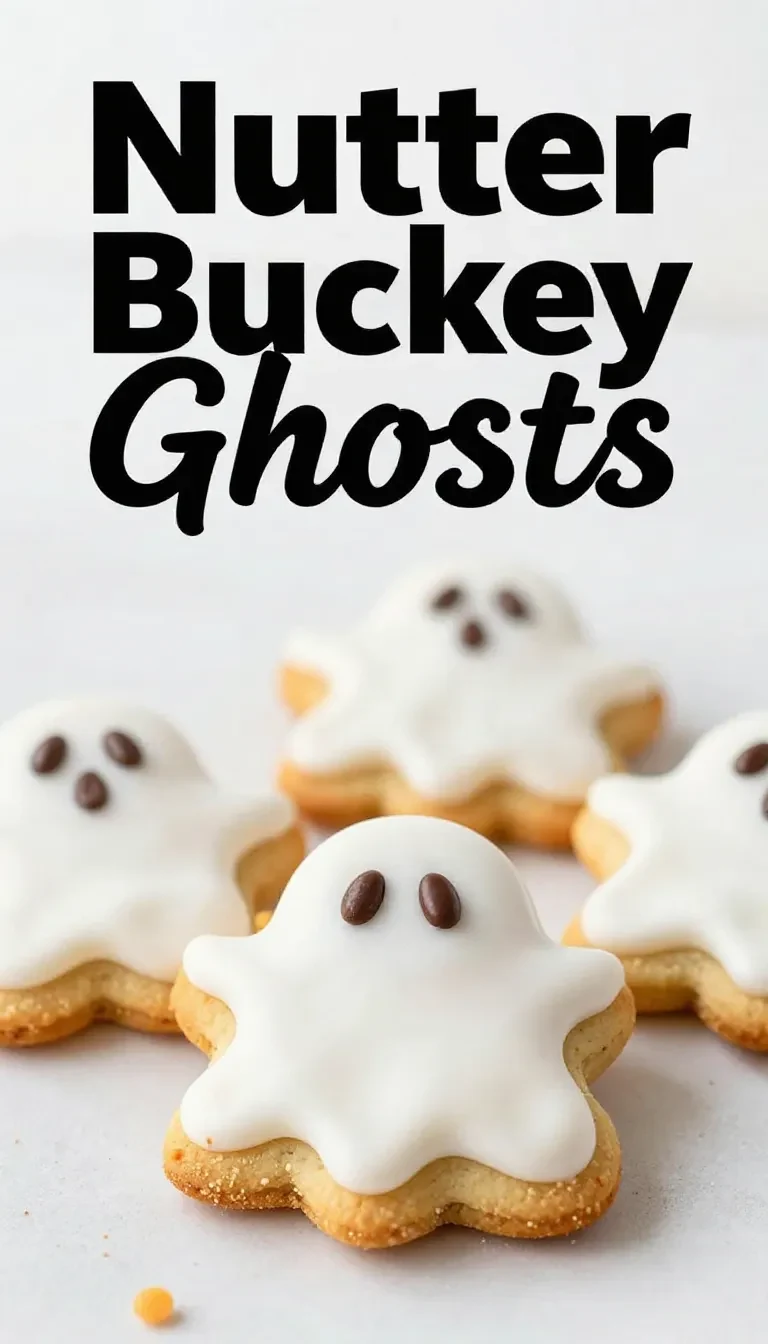A plate of Nutter Butter cookies shaped like ghosts, decorated with white chocolate and chocolate chip eyes.