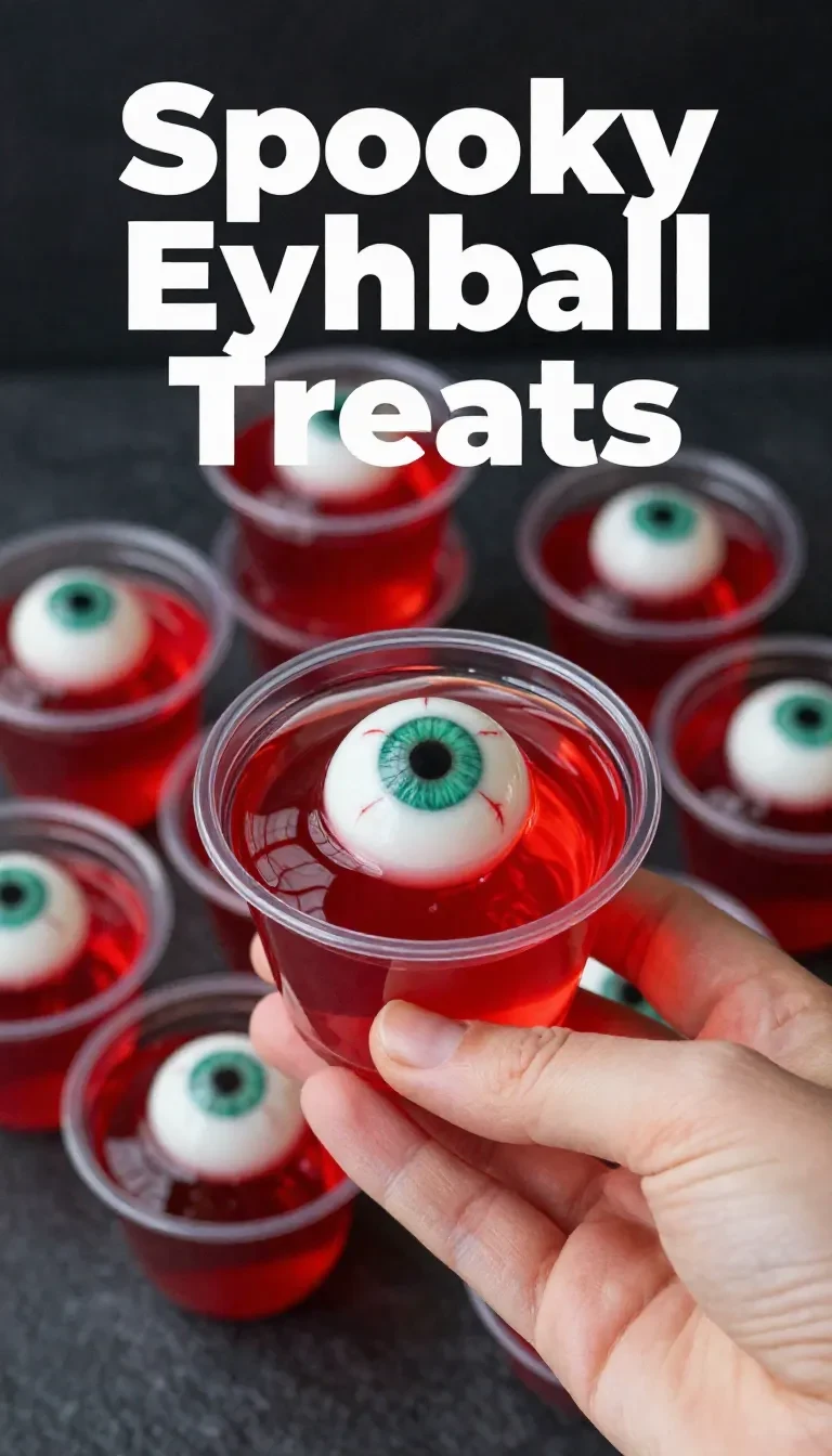 A close-up of a spooky Bloody Eyeball Jello Cup with a gelatin eyeball floating in red jello.