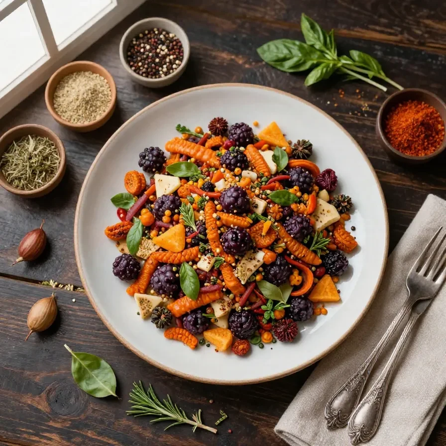 A bowl of Vampire Bite Trail Mix with red and dark-colored ingredients resembling a spooky Halloween theme.