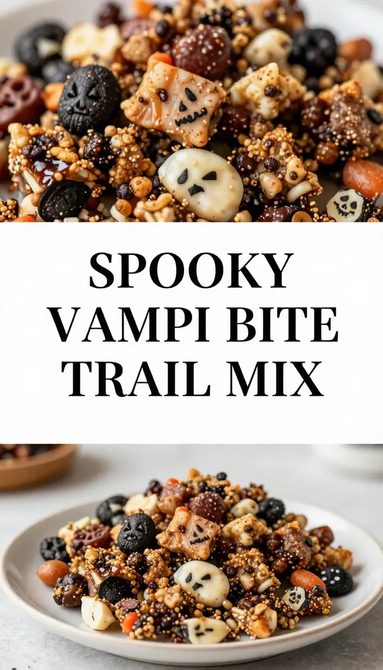 A bowl of Vampire Bite Trail Mix with red and dark-colored ingredients resembling a spooky Halloween theme.